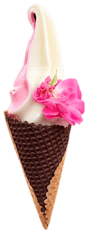 Rose Cafe signature rose soft serve ice cream with a fresh rose bloom — premium rose ice cream in Mira Road, Mumbai